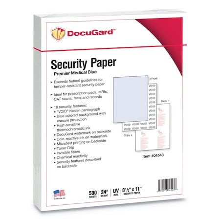 Docugard Security Paper, 8.5x11, Blue, PK500 04543